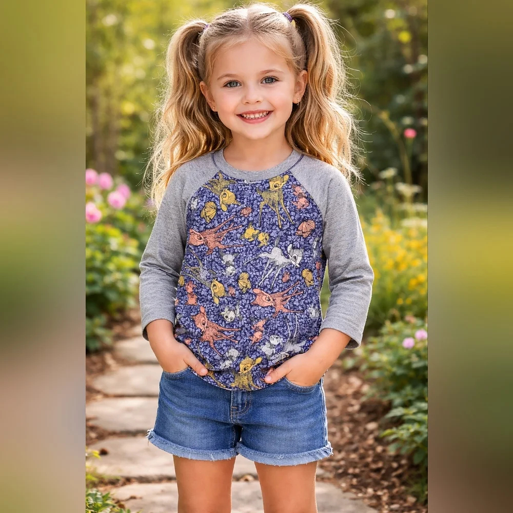 LuLaRoe Disney Bambi Sloan Shirt Size 2 Blue Woodland Raglan